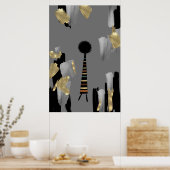 Bohoアフリカ文化グレーと金ゴールドウォールアート ポスター (キッチン)