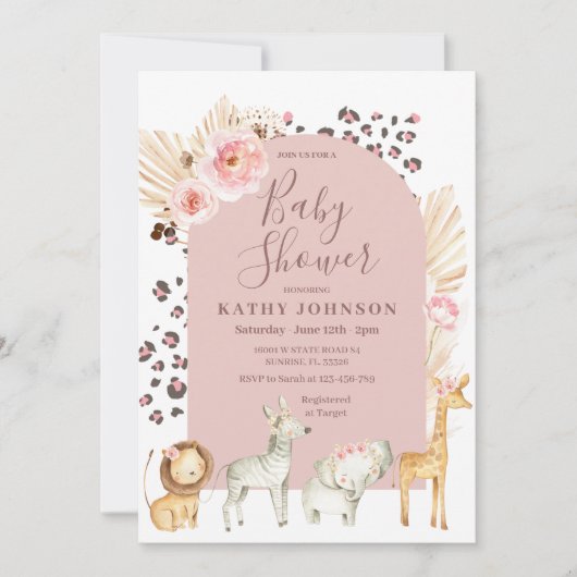 Bohoアーチサファリジャングル動物ベビーシャワー招待客 招待状 (正面)
