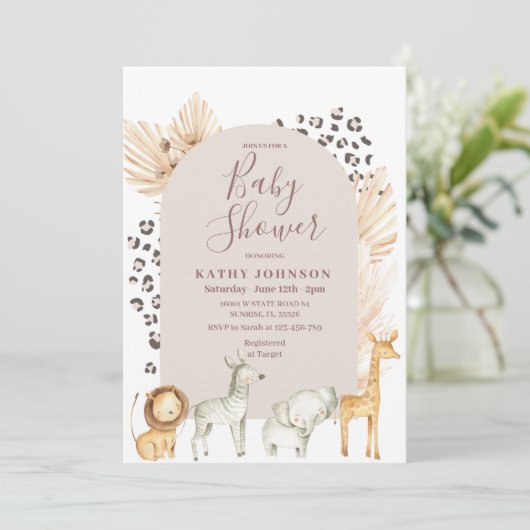 Bohoアーチサファリジャングル動物ベビーシャワー 招待状 (スタンド正面)