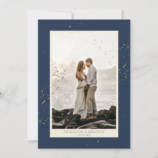 BOHOアーチネイビーエレガント赤面n赤フローラw金ゴールド セーブザデート (裏面)