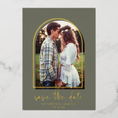 Bohoアーチミニマリストグリーンゴールドフォイル日付を保存 箔招待状 (正面)