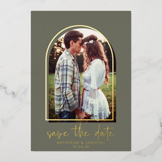 Bohoアーチミニマリストグリーンゴールドフォイル日付を保存 箔招待状 (正面)