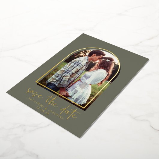 Bohoアーチミニマリストグリーンゴールドフォイル日付を保存 箔招待状 (回転した状態)