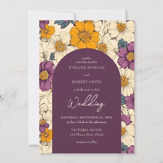 Bohoアーチメイブオレンジとアイボリーの花 招待状 (正面)