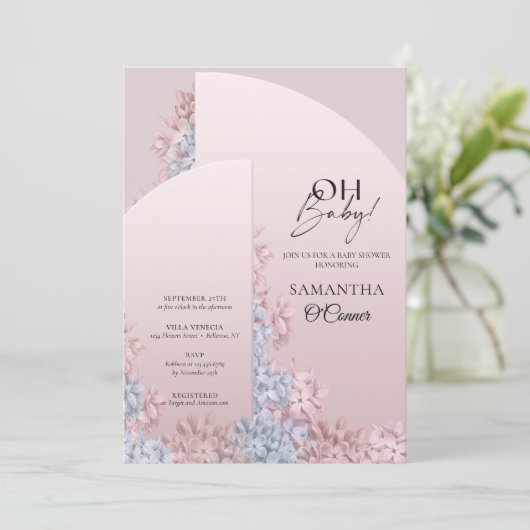 Bohoアーチ型フレームパウダーピンクのヒヤシンスohベビー 招待状 (スタンド正面)