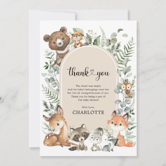 Bohoアーチ緑の森林動物の赤ちゃんシャワー サンキューカード (正面)