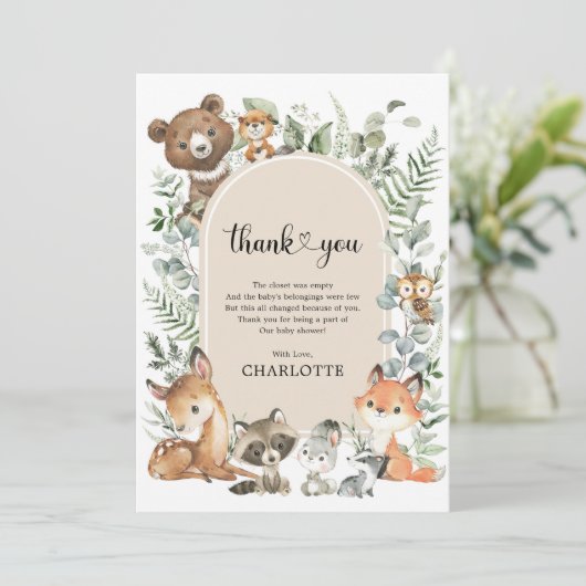 Bohoアーチ緑の森林動物の赤ちゃんシャワー サンキューカード (スタンド正面)