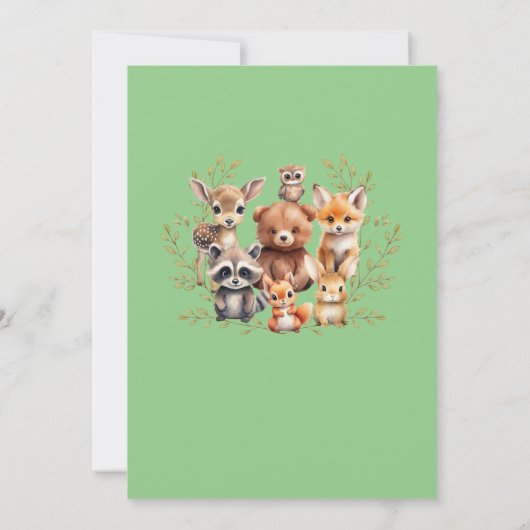 Bohoアーチ緑の森林動物の赤ちゃんシャワー 招待状 (裏面)