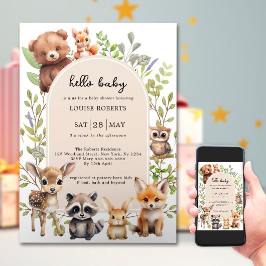 Bohoアーチ緑の森林動物の赤ちゃんシャワー 招待状