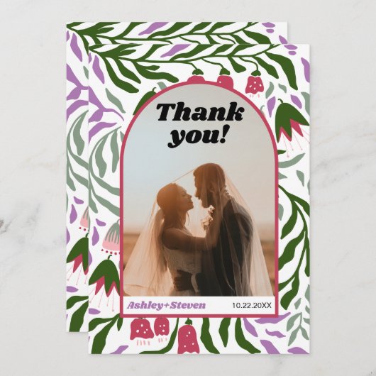 Bohoアーチ、色鮮やかなレトロ結婚な花の写真 サンキューカード (正面/裏面)
