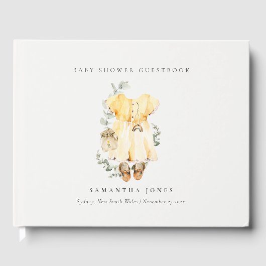 Bohoイエロードレスシューズ葉の女の子ベビーシャワー ゲストブック (正面)