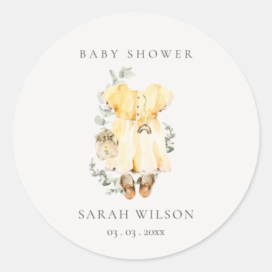Bohoイエロードレスシューズ葉の女の子ベビーシャワー ラウンドシール (正面)