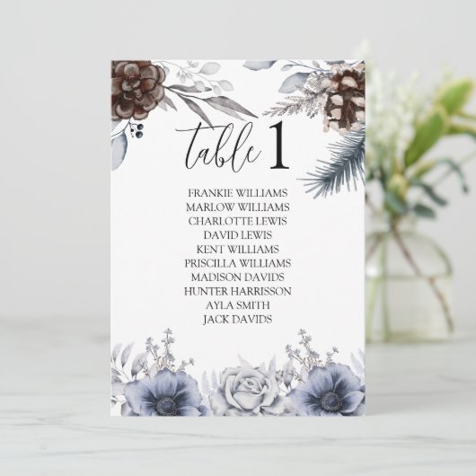 Bohoウィンターウェディングディナーシーティングチャートカード 招待状 (スタンド正面)