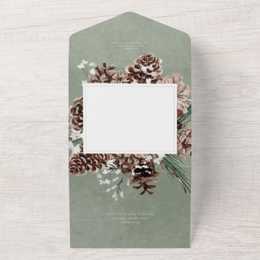 Bohoウィンターホワイトフローラ&パイングリーンQRコード オールインワン招待状 (外側)