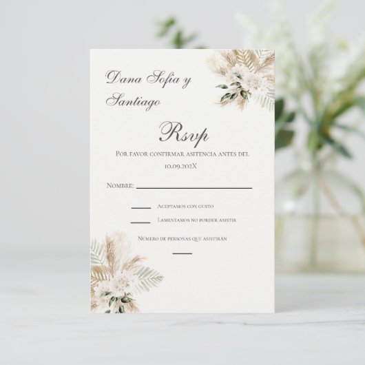 BohoウェデスペインのィングRSVPカード 出欠カード (スタンド正面)