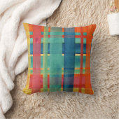 BOHOウォーターカラーオレンジティール(緑がかった色)ブルーレッドプレイドストライプ クッション (ブランケット)