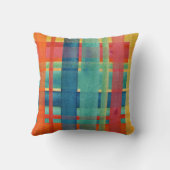 BOHOウォーターカラーオレンジティール(緑がかった色)ブルーレッドプレイドストライプ クッション (裏面)