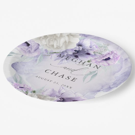 BOHOウォーターカラー薄紫ポピー ペーパープレート (アングル)