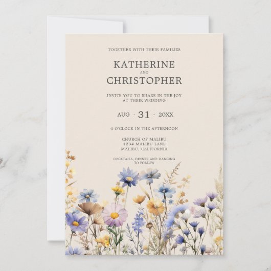 BOHOウォーター色ワイルドフラワーエレガントベージュ結婚ズ 招待状 (正面)
