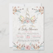 BOHOウッドランドフローラユニコーンベイビーシャワーソフトグレー 招待状 (正面)
