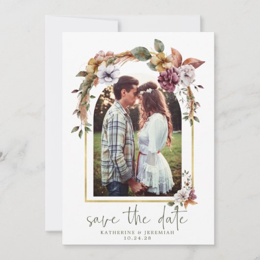 Bohoエレガントフローラアーチ写真Save the Date セーブザデート (正面)