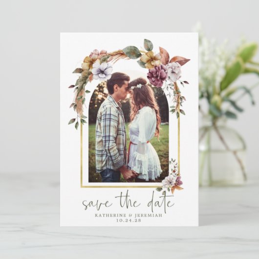 Bohoエレガントフローラアーチ写真Save the Date セーブザデート (スタンド正面)