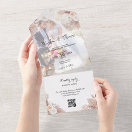 Bohoエレガントフローラフォトオーバーレイ結婚のQRコード オールインワン招待状