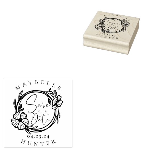 Bohoエレガントフローラリース日付の保存 ラバースタンプ (押印)