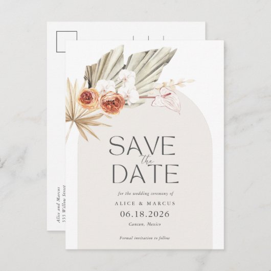 Bohoエレガントフローラ予算結婚式の日付を保存 案内ポストカード (正面/裏面)