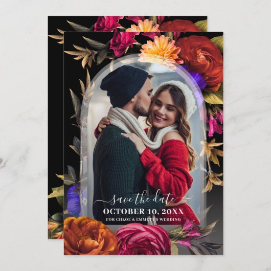 Bohoエレガントフローラ写真の日付の保存 セーブザデート (正面/裏面)