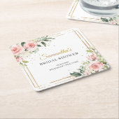 bohoエレガント赤面ピンクのバラ緑の金ゴールドフレーム スクエアペーパーコースター (アングル)