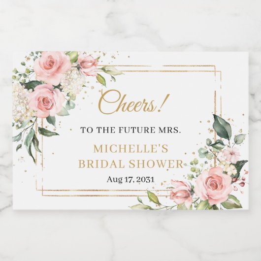 bohoエレガント赤面ピンクのバラ緑の金ゴールドフレーム スパークリングワインラベル (シングルラベル)