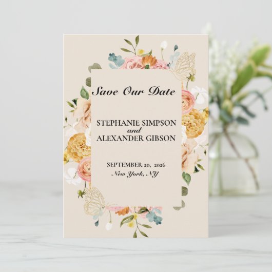 Bohoエレガント金ゴールドピンクフローラ日付カードを保存 セーブザデート (スタンド正面)