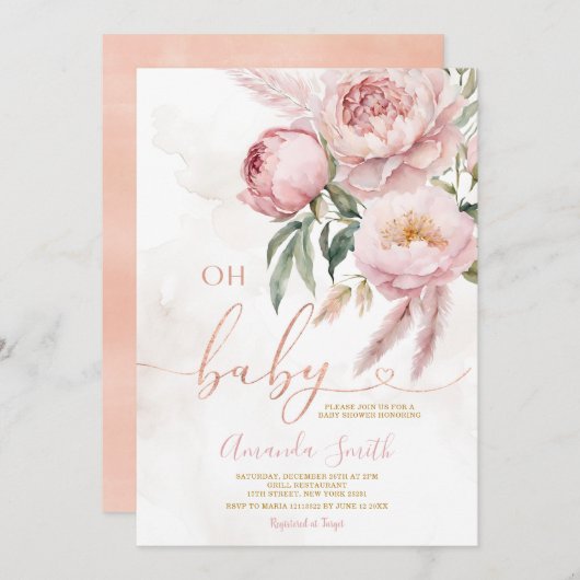 Bohoオエレガントベビーピンクローゼフラワーベビーシャワー 招待状 (正面/裏面)