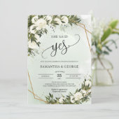 Bohoオリーブの葉の白いバラの金ゴールド彼女はyesと言った 招待状 (スタンド正面)