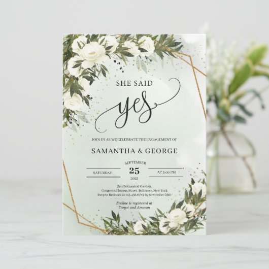 Bohoオリーブの葉の白いバラの金ゴールド彼女はyesと言った 招待状 (スタンド正面)