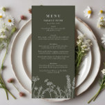 Bohoオリーブグリーンワイルドフラワー結婚ズフラットメニュー メニュー<br><div class="desc">Bohoオリーブグリーンワイルドフラワーのフラットメニューで結婚結婚式のレセプションを上げる。ボヘミアンモダンカップルを念頭にデザインされたこのメニューは素晴らし、穏やかなオリーブグリーンの背景に繊細なワイルドフラワーモチーフをセット。テーブルの設定に素朴なエレガンスのtouchを追加するのに最適な、このフラットメニューカードスタイリッシュは、両方と実用的。</div>