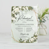 Bohoオリーブ緑の白いバラのフェイク金ゴールド枠 招待状 (スタンド正面)