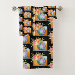 Bohoオレンジカメラ&フラワーウォーターカラーパターン バスタオルセット