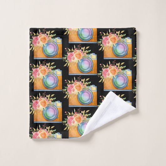 Bohoオレンジカメラ&フラワーウォーターカラーパターン バスタオルセット (ウォッシュタオル)