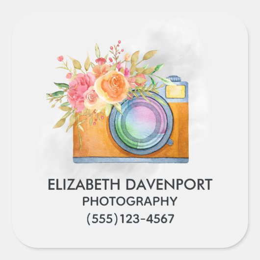 Bohoオレンジカメラ&フラワーウォーターカラービジネス スクエアシール (正面)