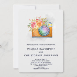 Bohoオレンジカメラ&フラワーウォーターカラー結婚ズ 招待状