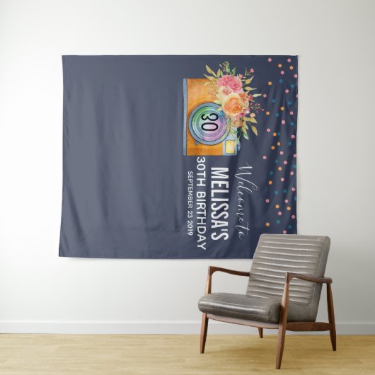 Bohoオレンジカメラ&フラワーウォーターカラー誕生日 タペストリー (インサイチュ(横))