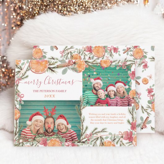 Bohoオレンジ松の枝2枚の写真メリークリスマス シーズンカード