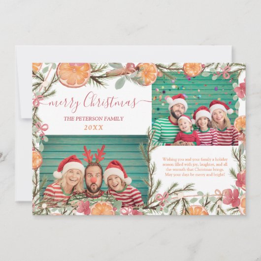 Bohoオレンジ松の枝2枚の写真メリークリスマス シーズンカード (正面)