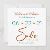 BOHOカジュアルティール(緑がかった色)はっきりした錆金ゴールド保存日付 招待状 (正面)