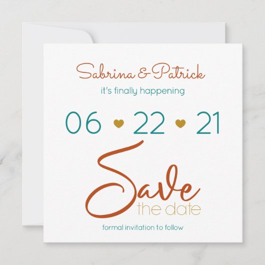 BOHOカジュアルティール(緑がかった色)はっきりした錆金ゴールド保存日付 招待状 (正面)