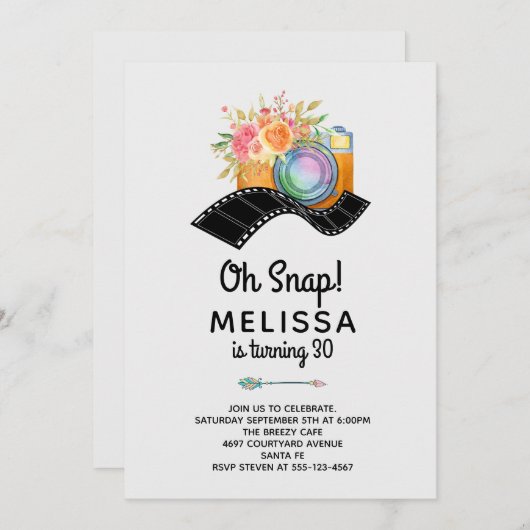 Bohoカメラ&花模様水彩誕生日 招待状 (正面/裏面)