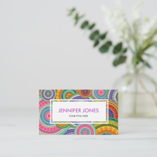 Bohoカラフルな種族の民族の円パターン 名刺 (スタンド正面)