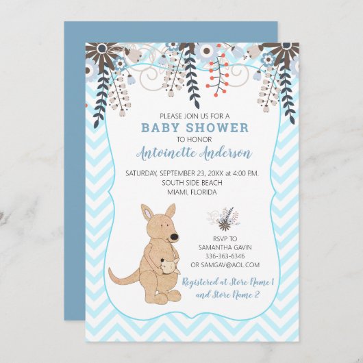 Bohoカンガルー水カラーフローラボーイベビーシャワー 招待状 (正面/裏面)